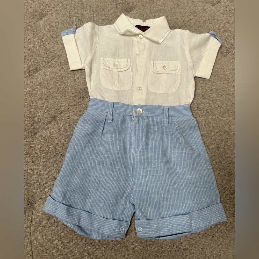 EUC LEON KIDS ITALIAN LINEN ROMPER BLUE AND WHITE 12 months